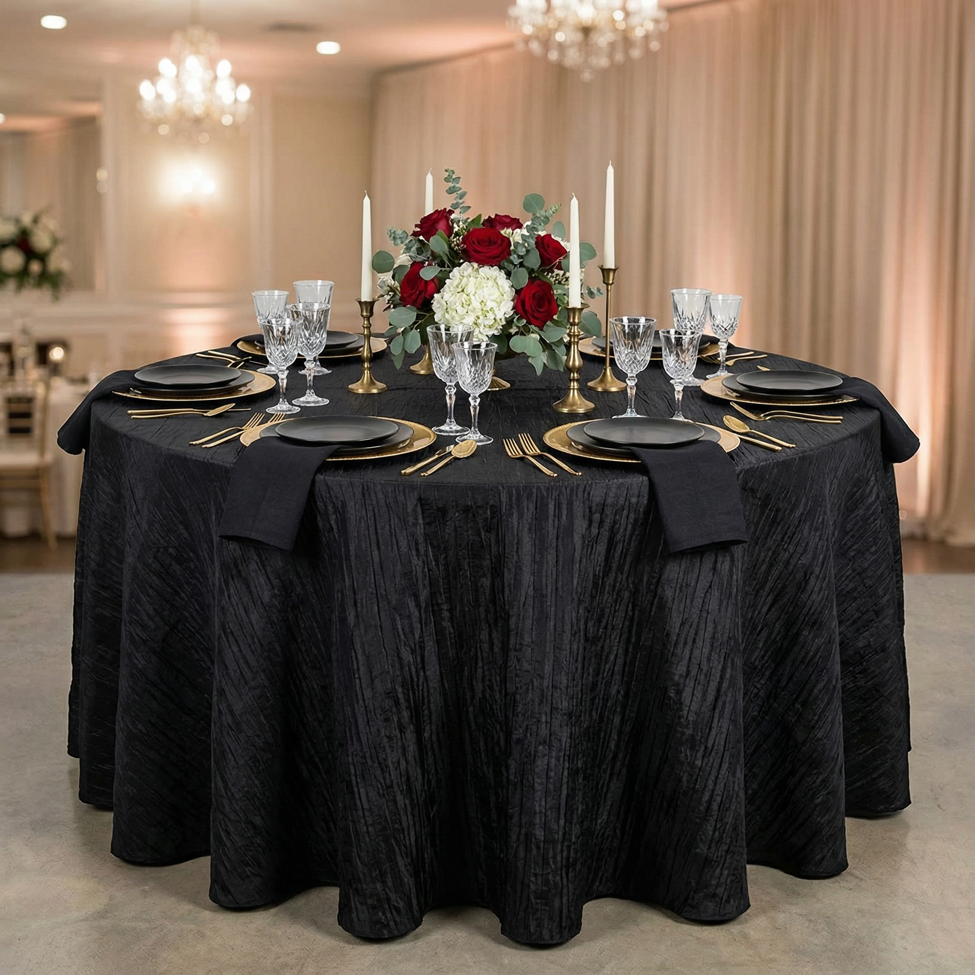 Accordion Crinkle Taffeta 120” Round Tablecloth Black - CV Linens™