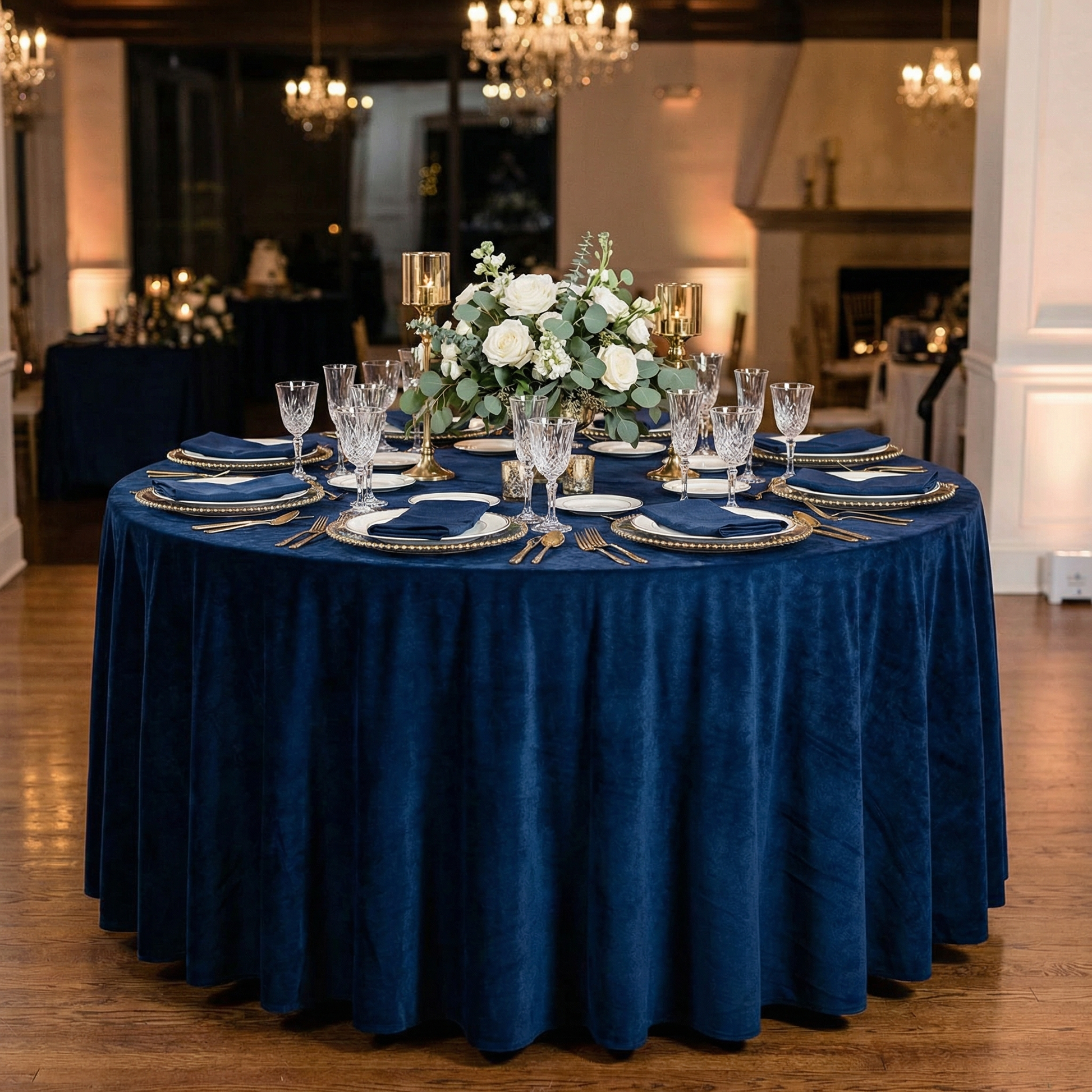 Velvet 120" Round Tablecloth - Navy Blue - CV Linens
