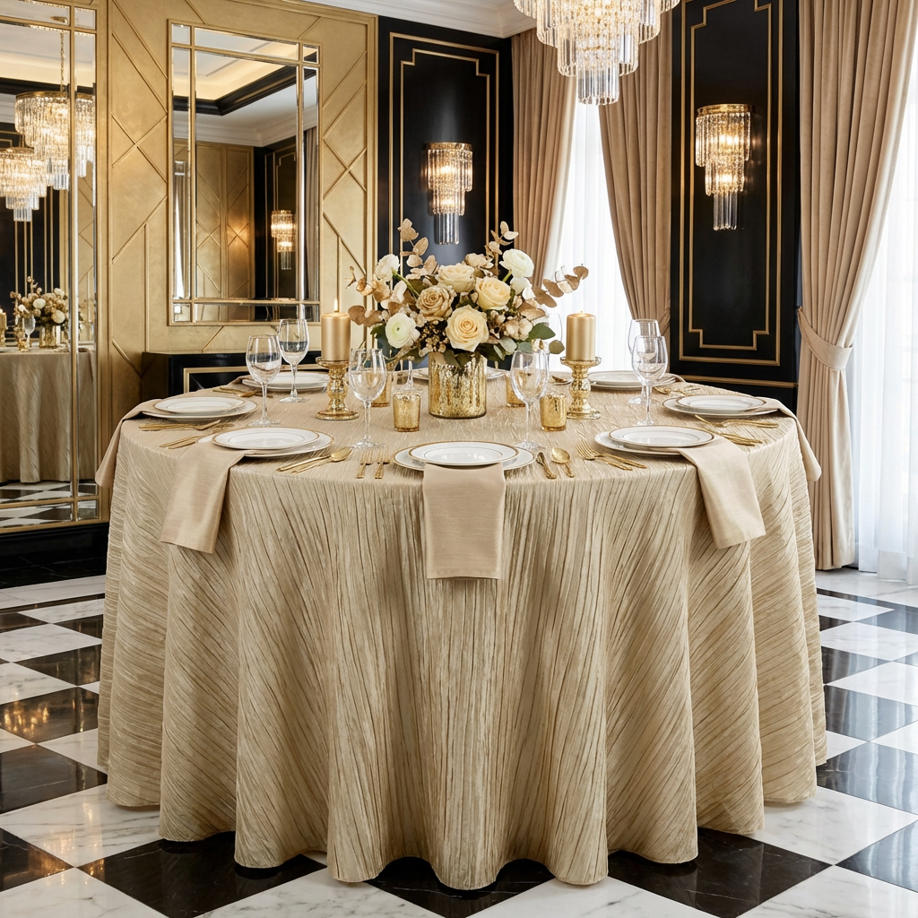 Accordion Crinkle Taffeta 120" Round Tablecloth - Champagne - CV Linens