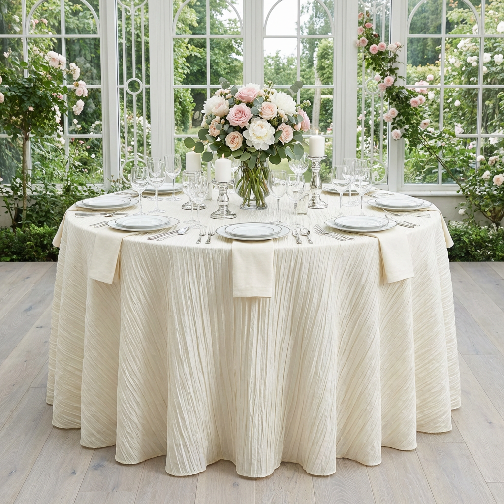 Accordion Crinkle Taffeta 120” Round Tablecloth Ivory - CV Linens™