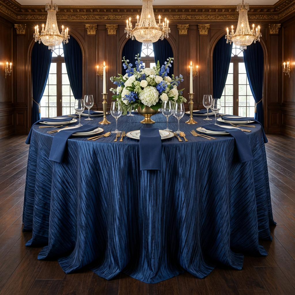 Accordion Crinkle Taffeta 120" Round Tablecloth - Navy Blue - CV Linens