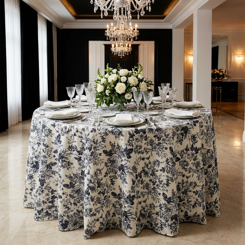 Black French Toile Round Tablecloth Size: 120 in | Polyester | Wedding | Event | Wholesale by CV Linens