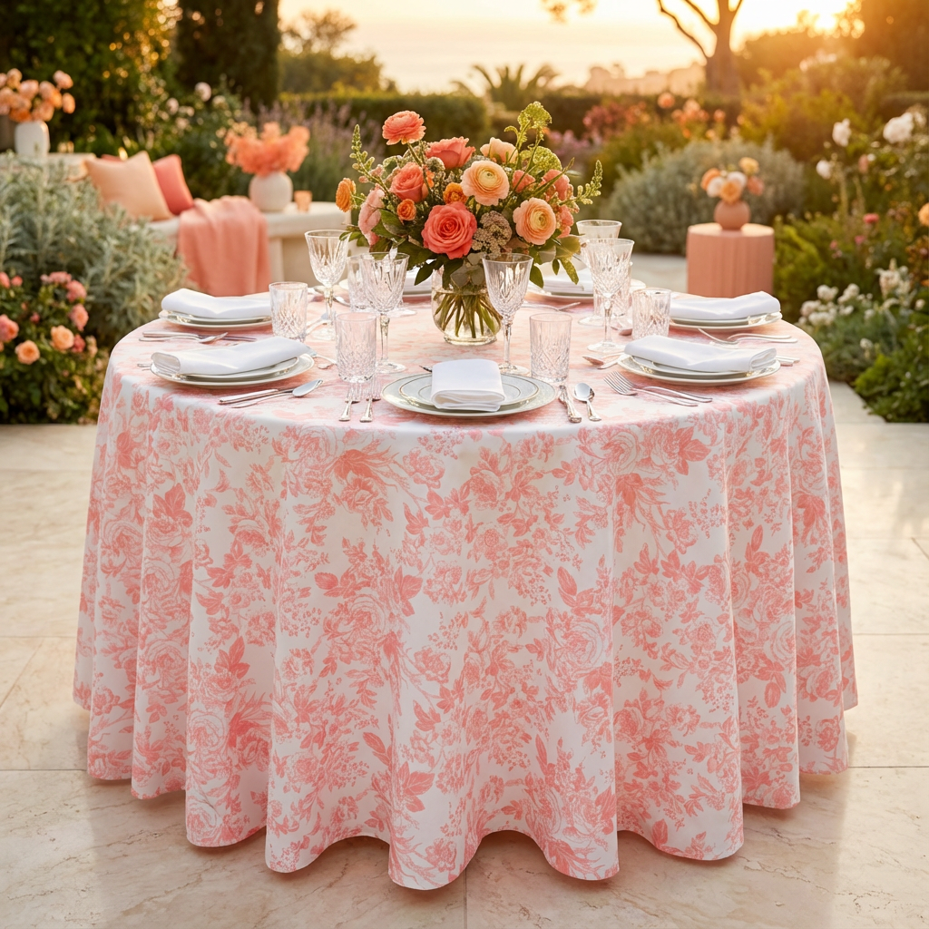 Coral French Toile 120" Round Tablecloth | Polyester | Wedding | Event | Wholesale by CV Linens