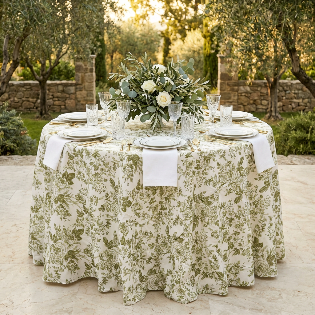 Olive Green French Toile 120" Round Tablecloth | Polyester | Wedding | Event | Wholesale by CV Linens