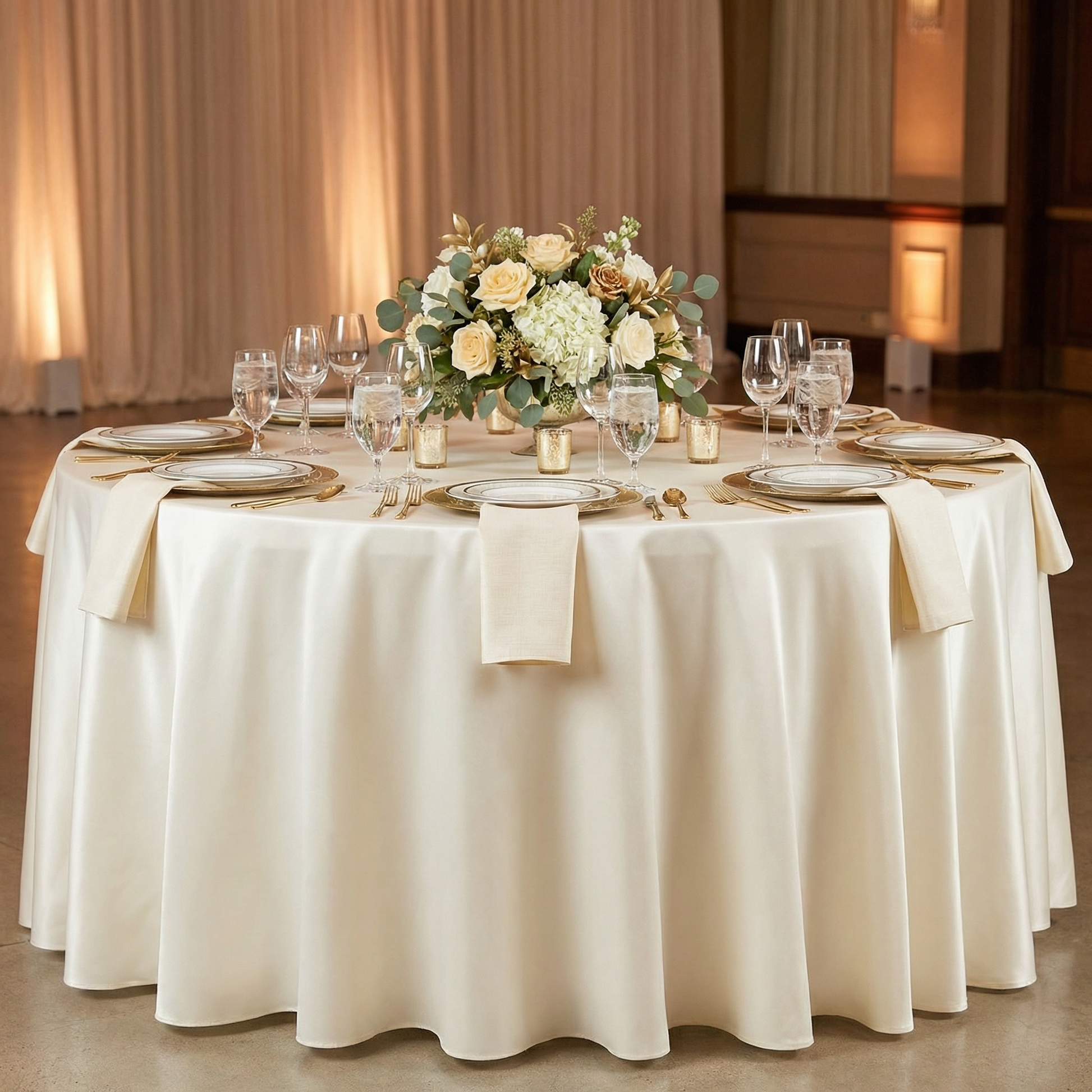 Lamour Satin 120" Round Tablecloth - Ivory - CV Linens