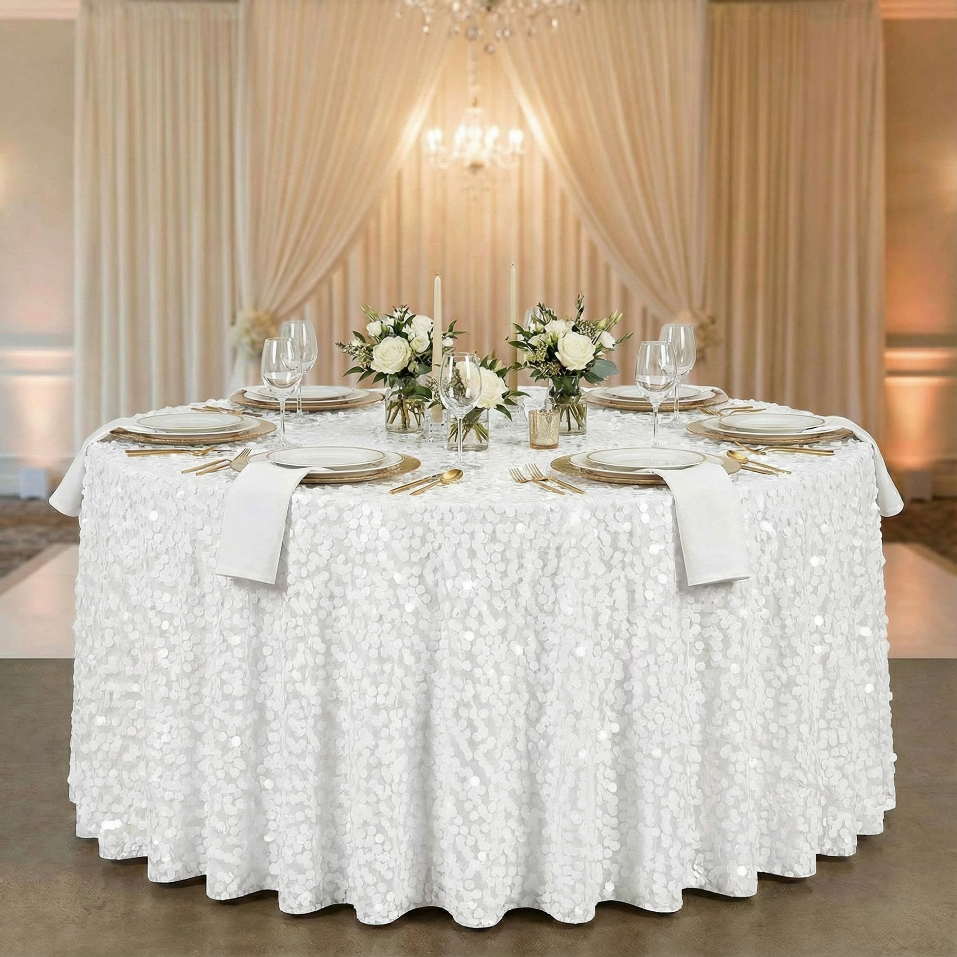 Large Payette Sequin Round 120" Tablecloth - White - CV Linens