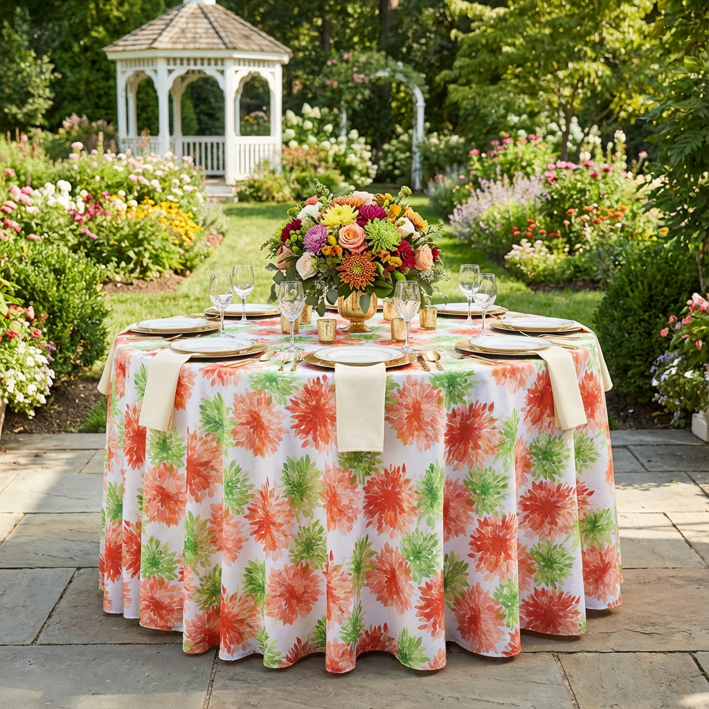 Blooming Mums Round Tablecloth Size: 120 in | Polyester | Wedding | Event | Wholesale by CV Linens