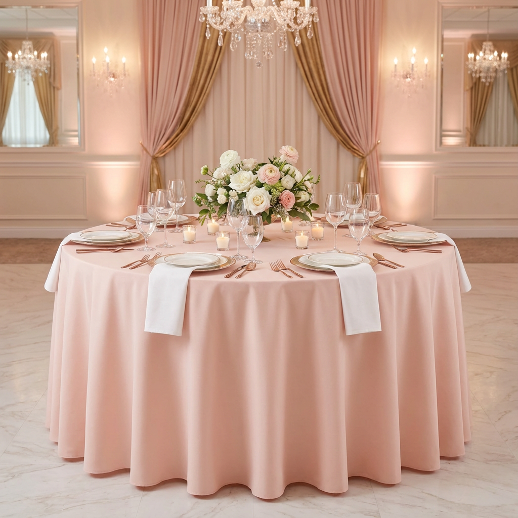 Blush/Rose Gold Premium Polyester Round Tablecloth Size: 120 in | Wedding | Event | Wholesale by CV Linens