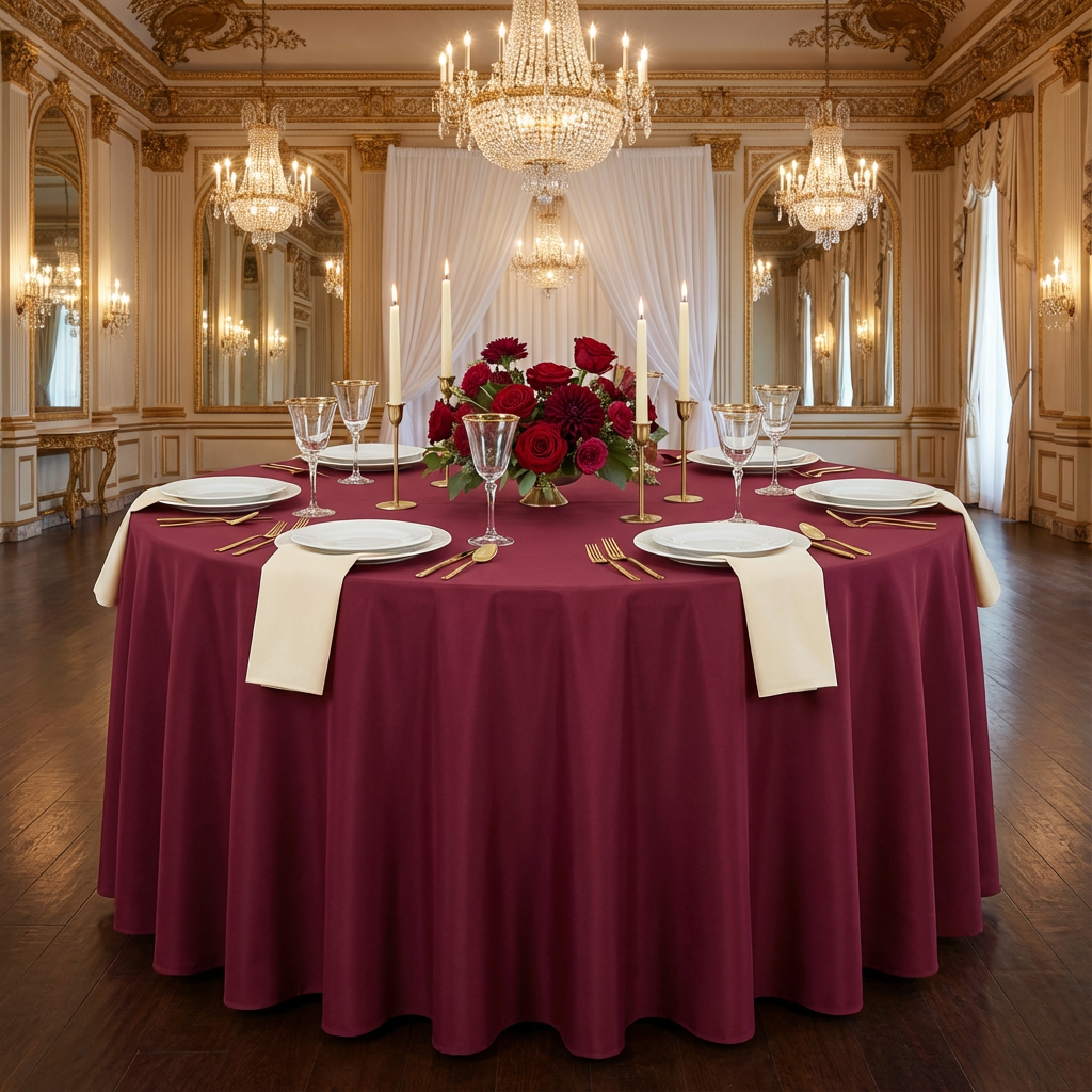 Burgundy Premium Polyester Round Tablecloth Size: 120 in | Wedding | Event | Wholesale by CV Linens