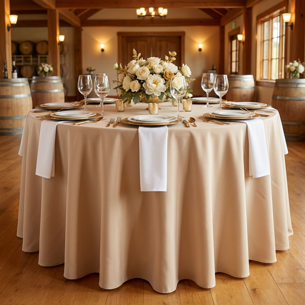 Champagne Premium Polyester Round Tablecloth Size: 120 in | Wedding | Event | Wholesale by CV Linens