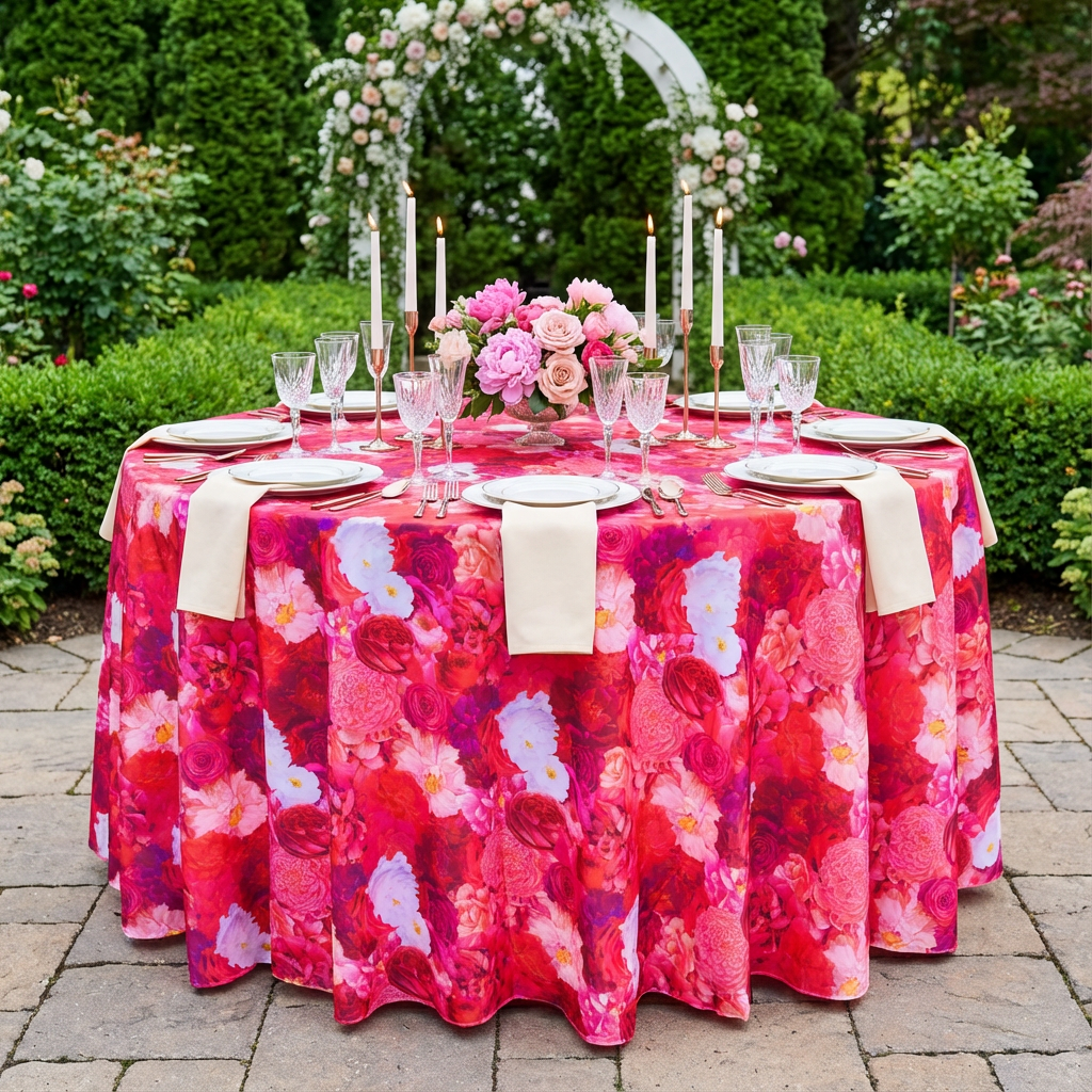 Fuchsia Floral Peony Roses Round Tablecloth Size: 120 in | Polyester | Wedding | Event | Wholesale by CV Linens