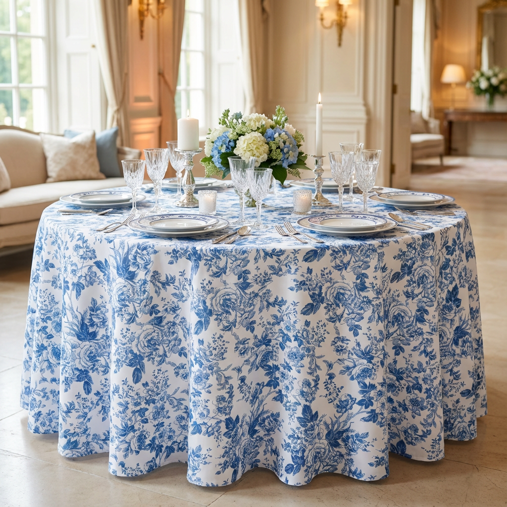 Blue French Toile Round Tablecloth Size: 120 in | Polyester | Wedding | Event | Wholesale by CV Linens