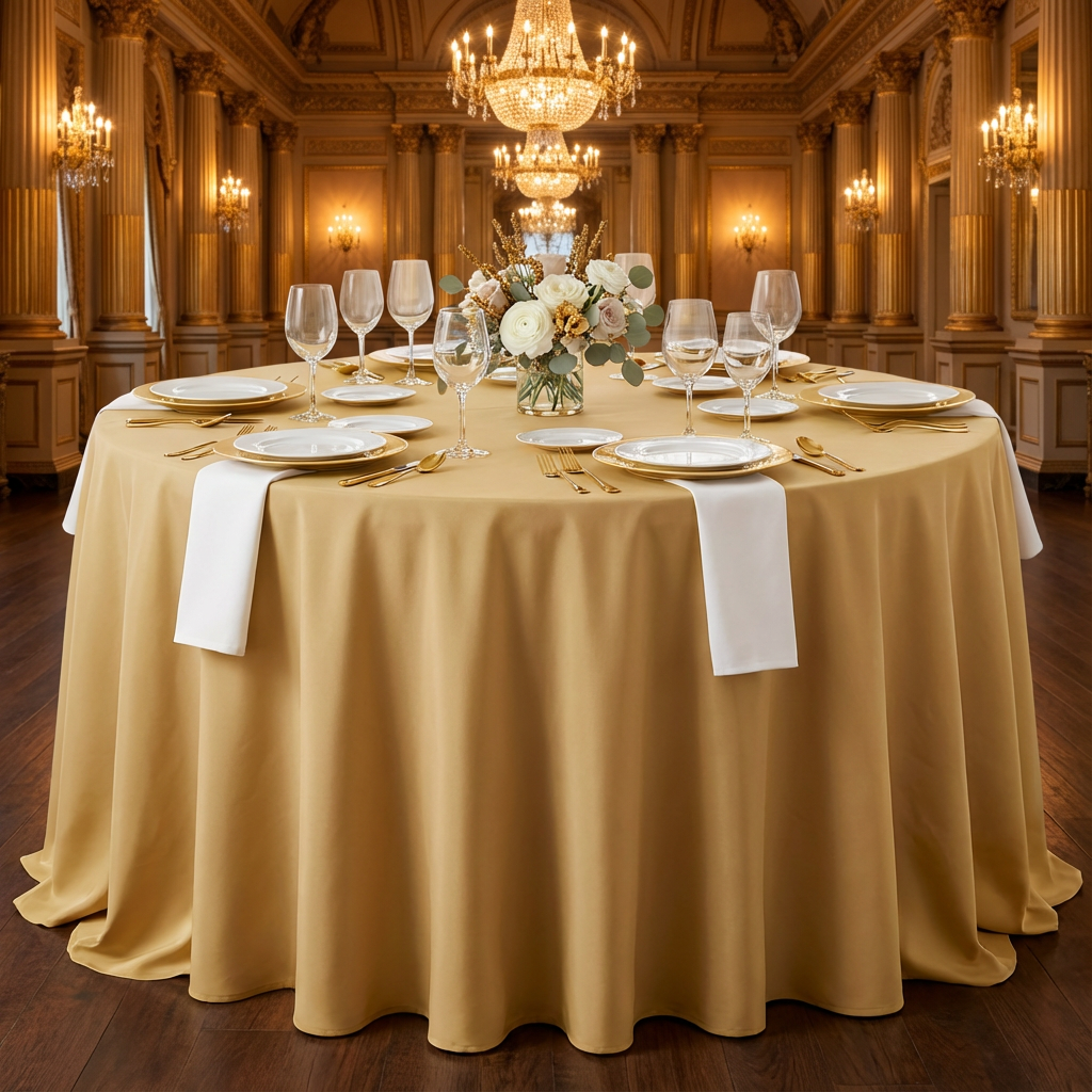 Gold Premium Polyester Round Tablecloth Size: 120 in | Wedding | Event | Wholesale by CV Linens