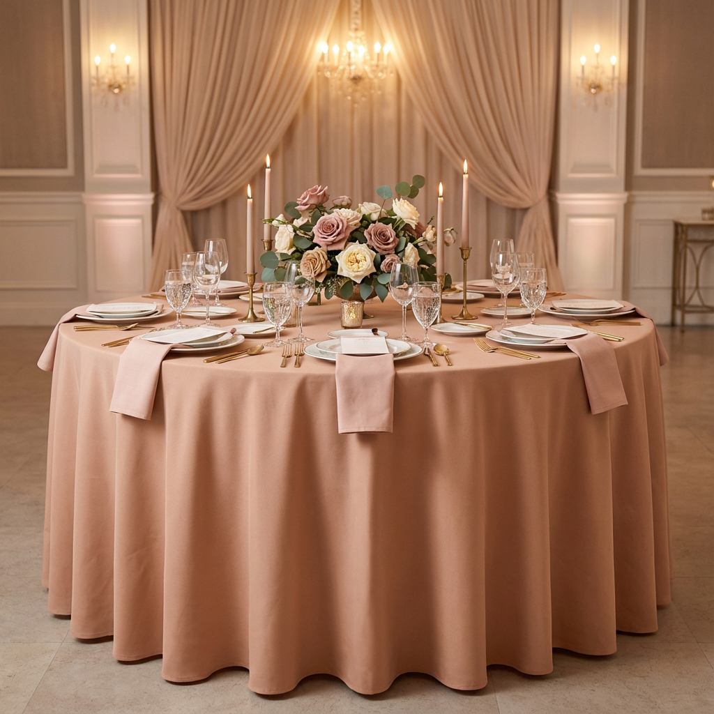Latte Rose Premium Polyester Round Tablecloth Size: 120 in | Wedding | Event | Wholesale by CV Linens