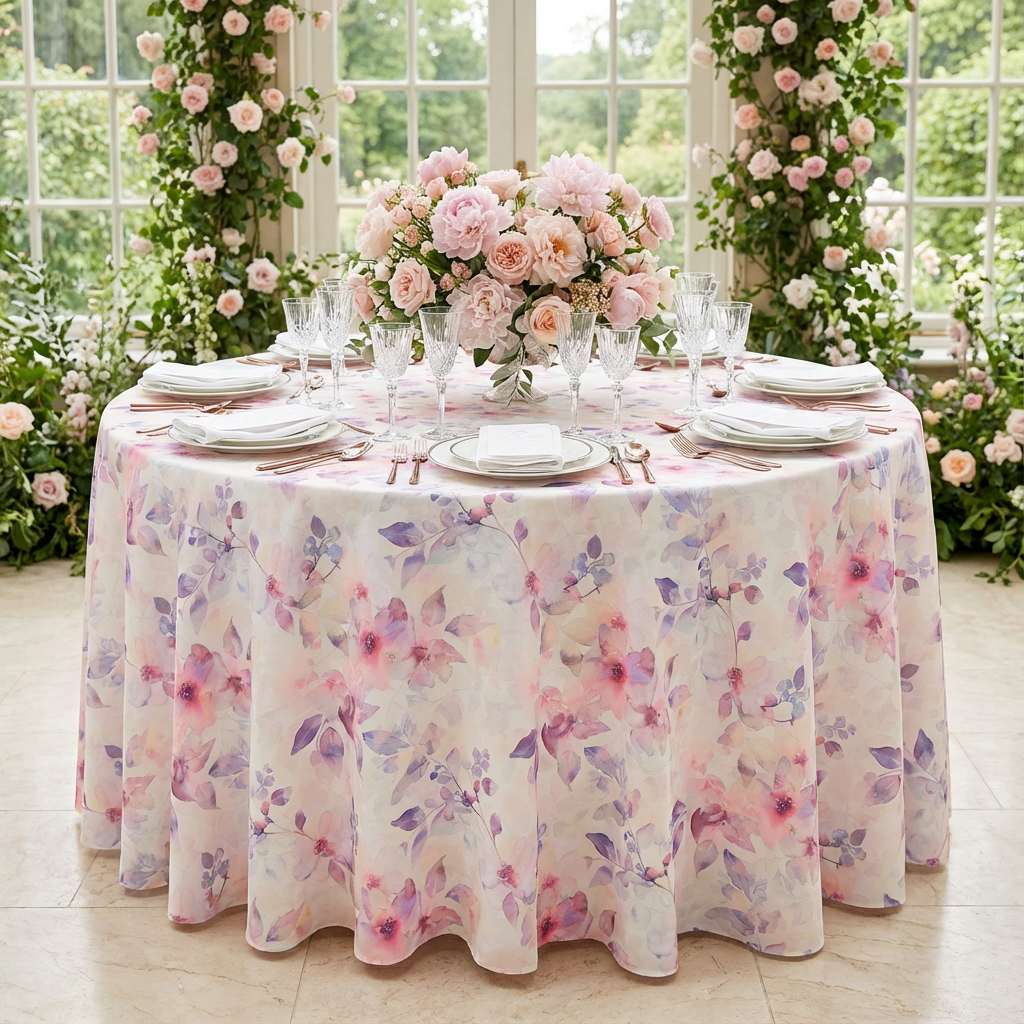 Watercolor Floral Round Tablecloth Size: 120 in | Polyester | Wedding | Event | Wholesale by CV Linens