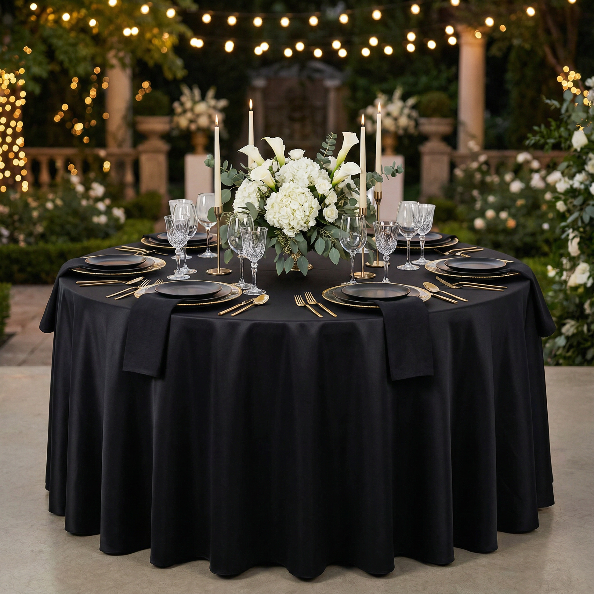 Lamour Satin 132" Round Tablecloth - Black - CV Linens