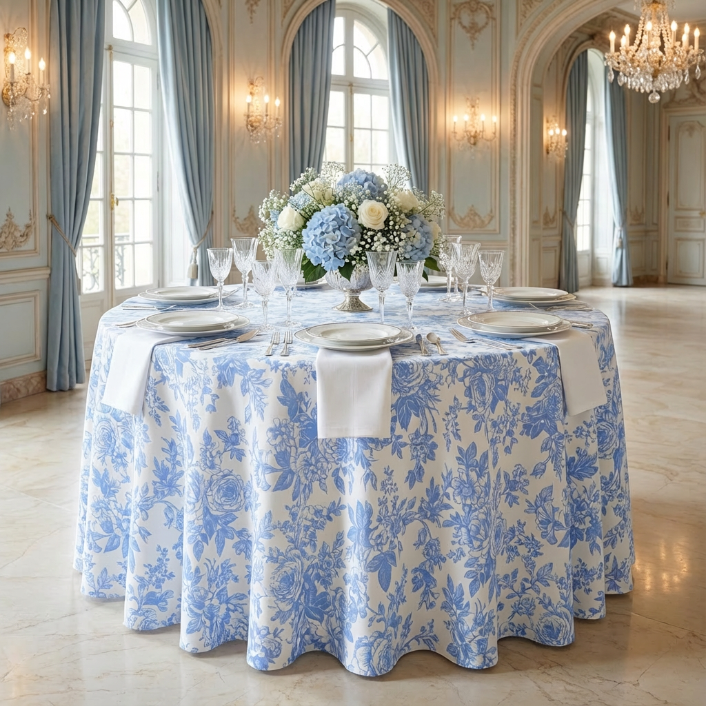 Baby Blue French Toile Round Tablecloth Size: 132 in | Polyester | Wedding | Event | Wholesale by CV Linens