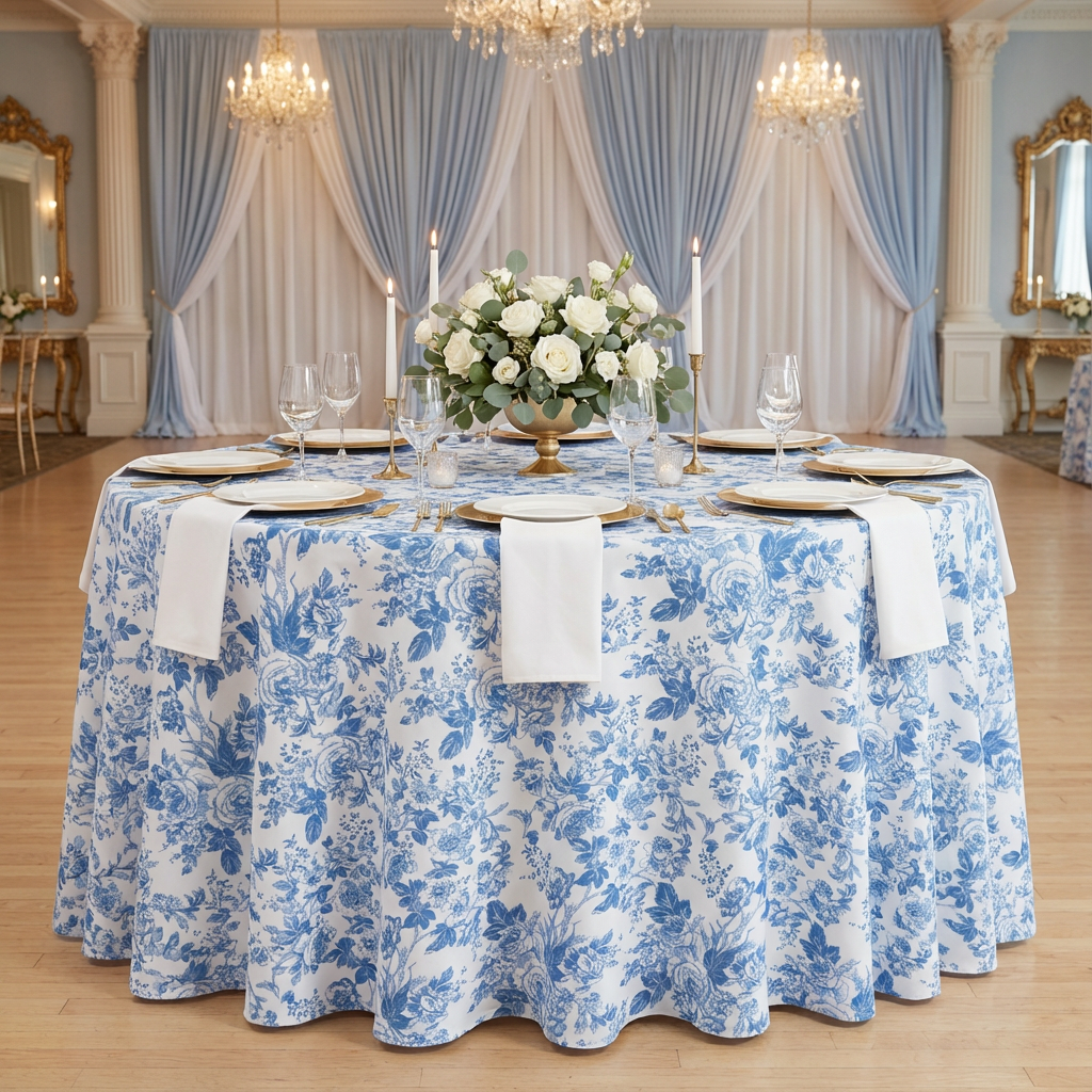 Blue French Toile 132" Round Tablecloth | Polyester | Wedding | Event | Wholesale by CV Linens