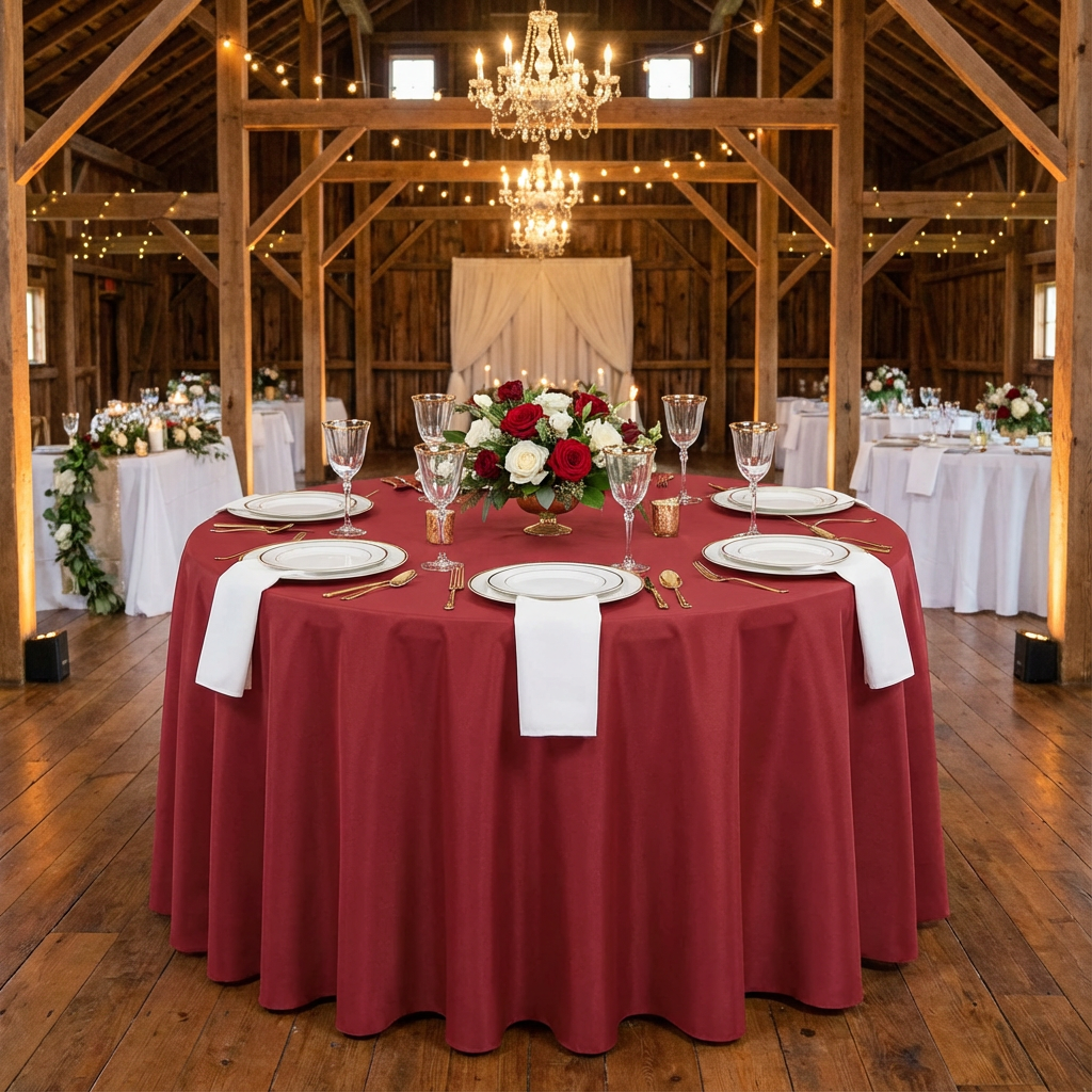 Apple Red Economy Polyester 132" Round Tablecloth | Wedding | Event | Wholesale by CV Linens