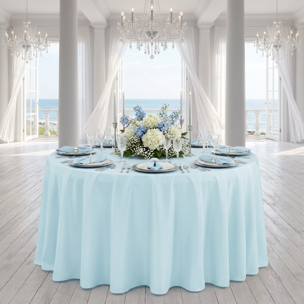 Baby Blue Premium Polyester 132" Round Tablecloth | Wedding | Event | Wholesale by CV Linens