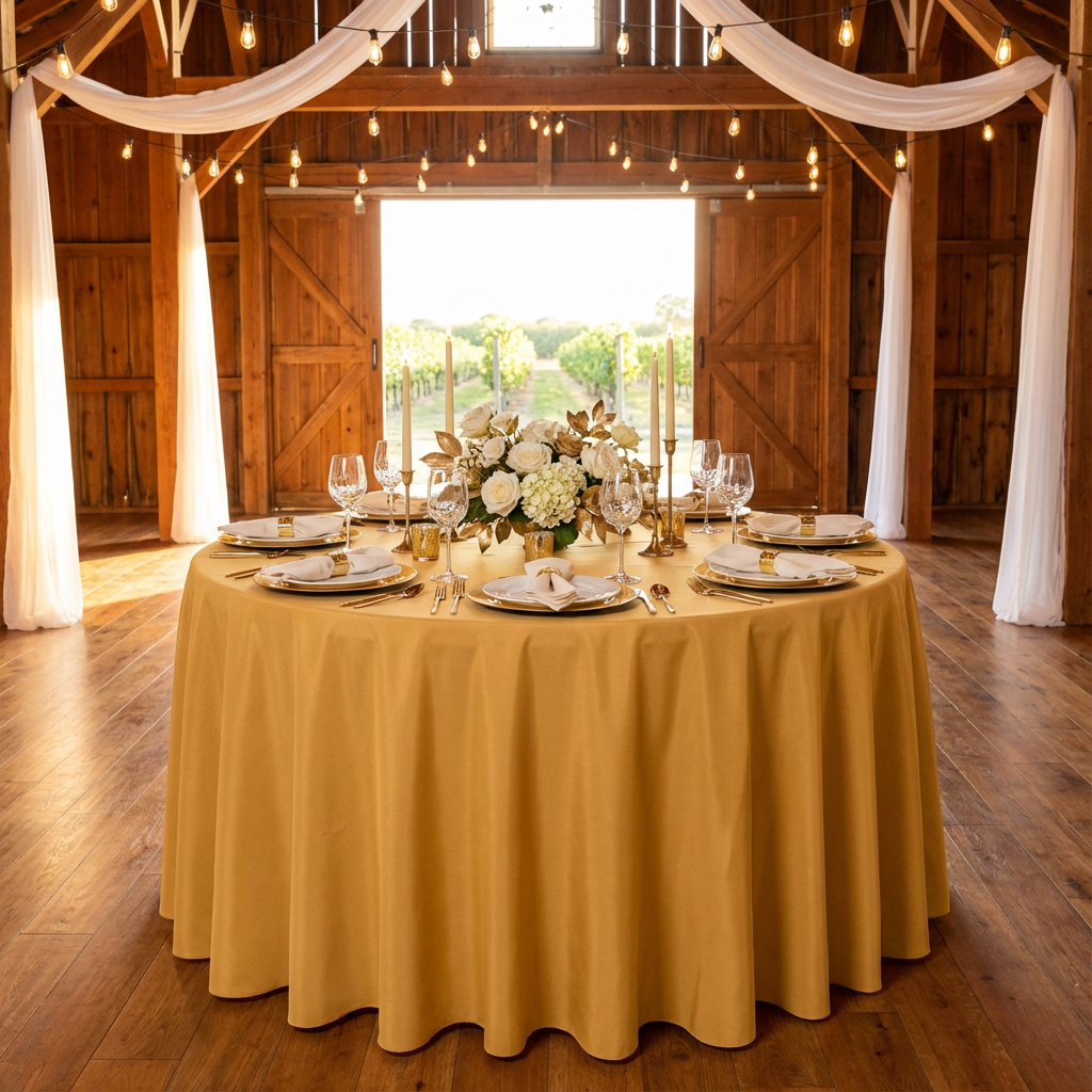 Gold Round Premium Polyester Tablecloth Size: 132 in | Wedding | Event | Wholesale by CV Linens