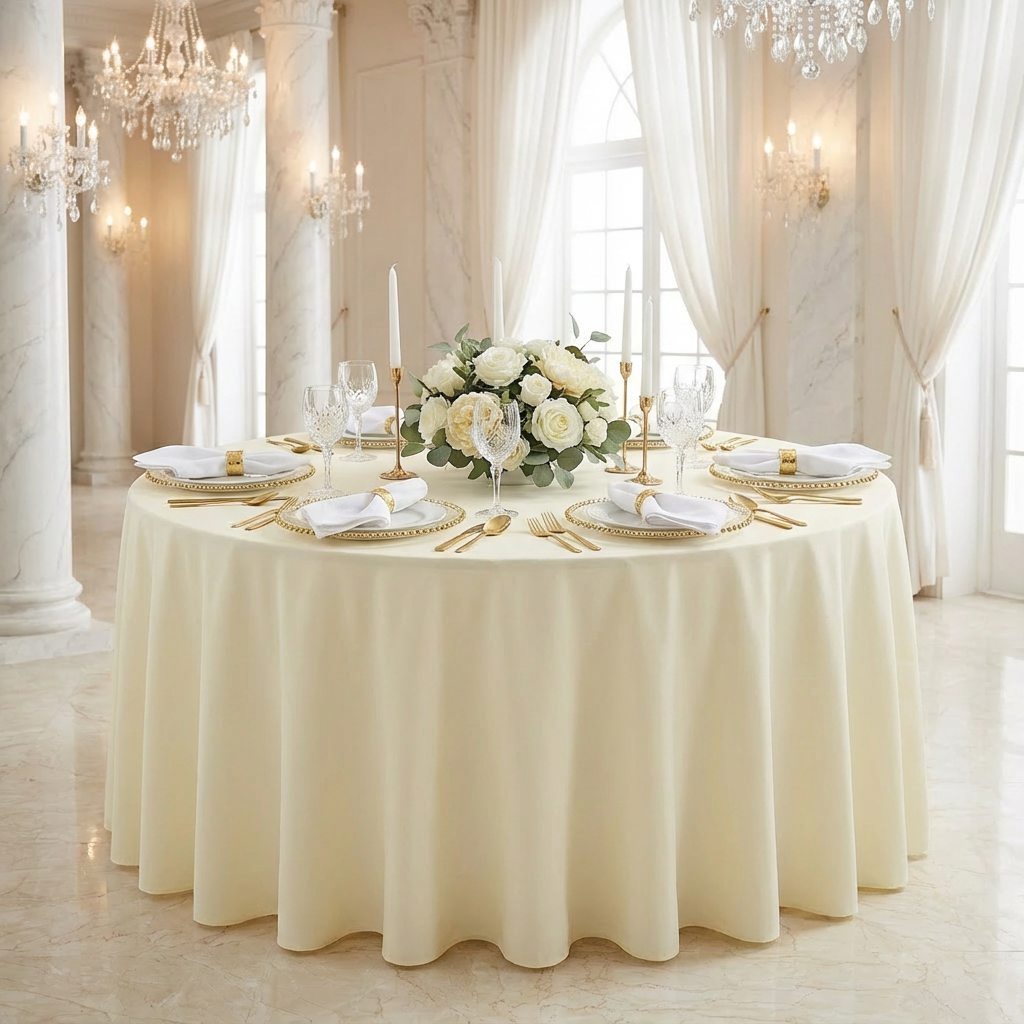 Light Ivory/Off White Round Premium Polyester Tablecloth Size: 132 in | Wedding | Event | Wholesale by CV Linens