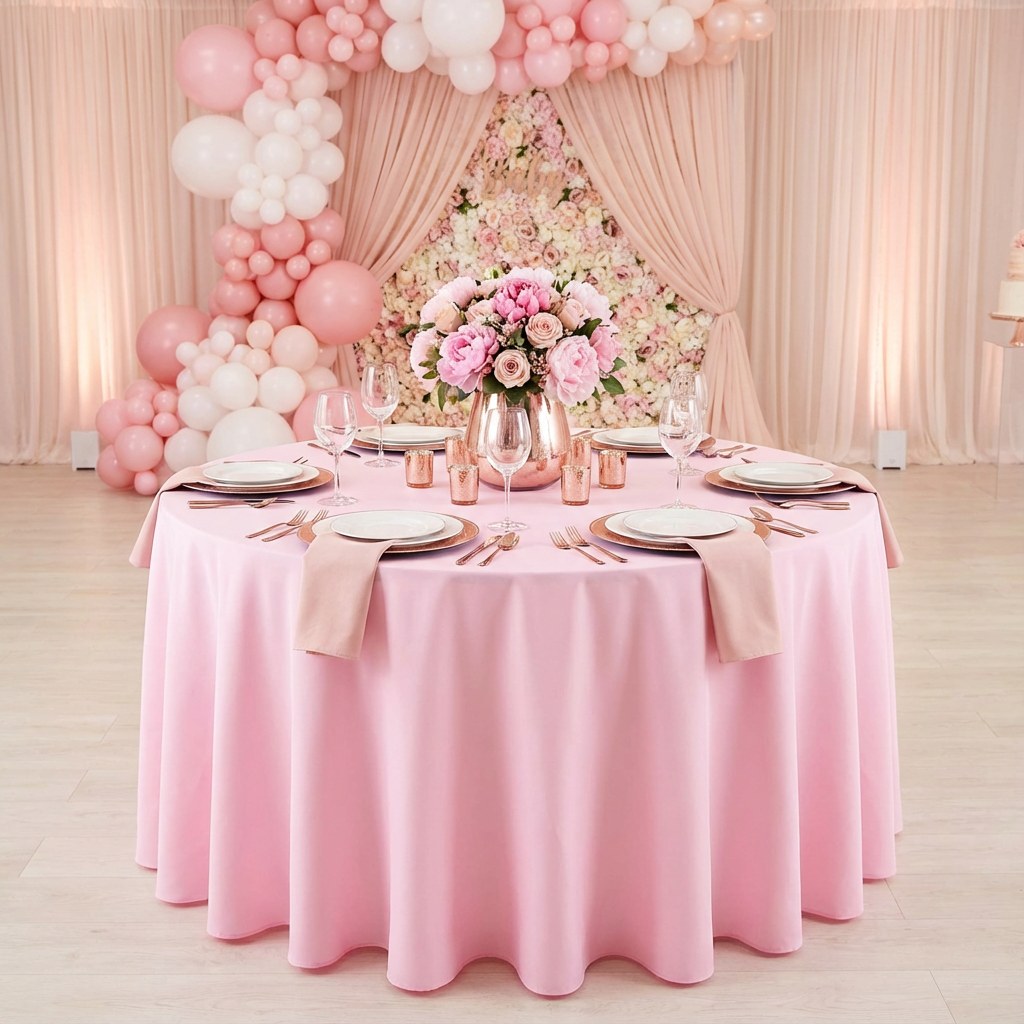 Pink Round Premium Polyester Tablecloth Size: 132 in | Wedding | Event | Wholesale by CV Linens