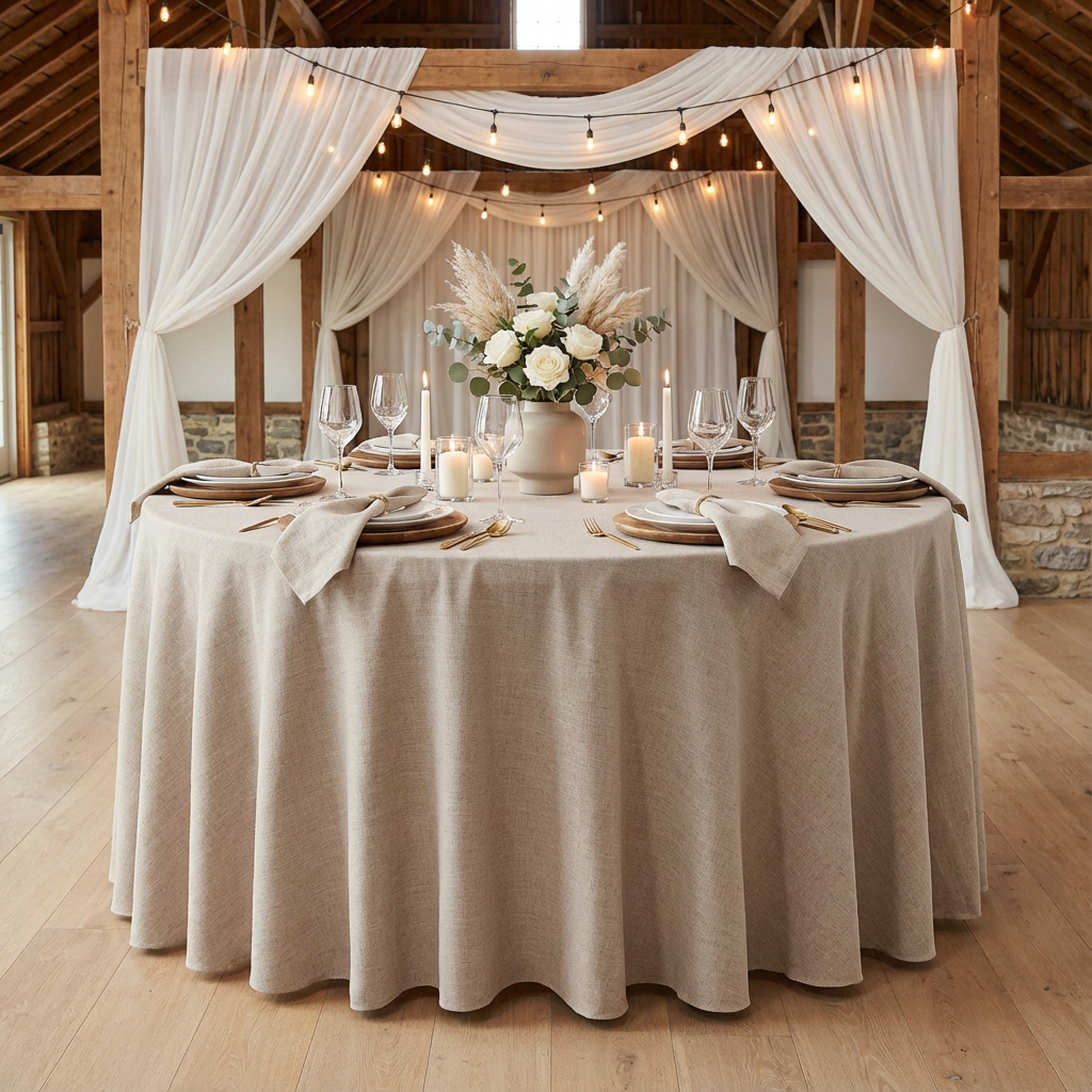 Beige Premium Linen-Look Panama Weave 132" Round Tablecloth | Polyester | Wedding | Event | Wholesale by CV Linens