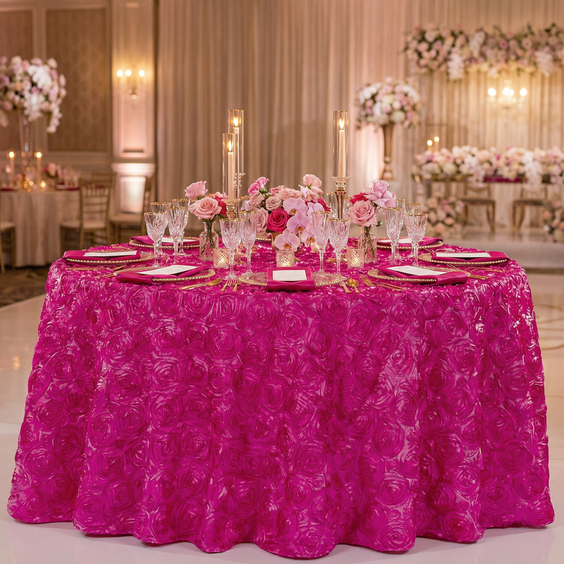 Wedding Rosette SATIN 132" Round Tablecloth - Fuchsia - CV Linens