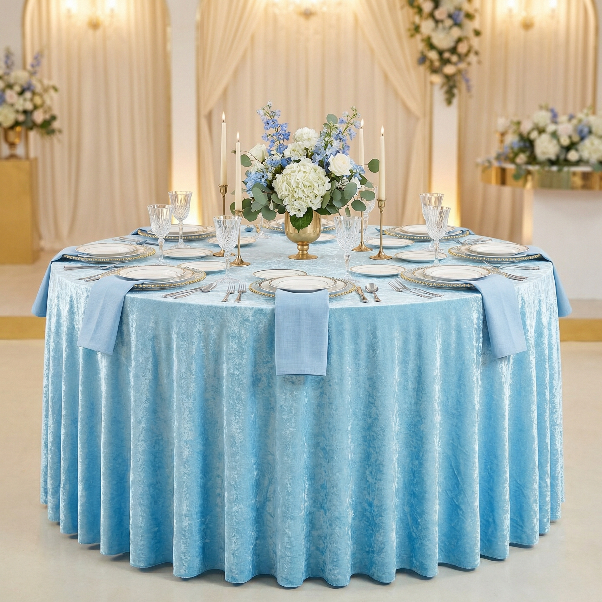 Velvet 132" Round Tablecloth - Baby Blue - CV Linens