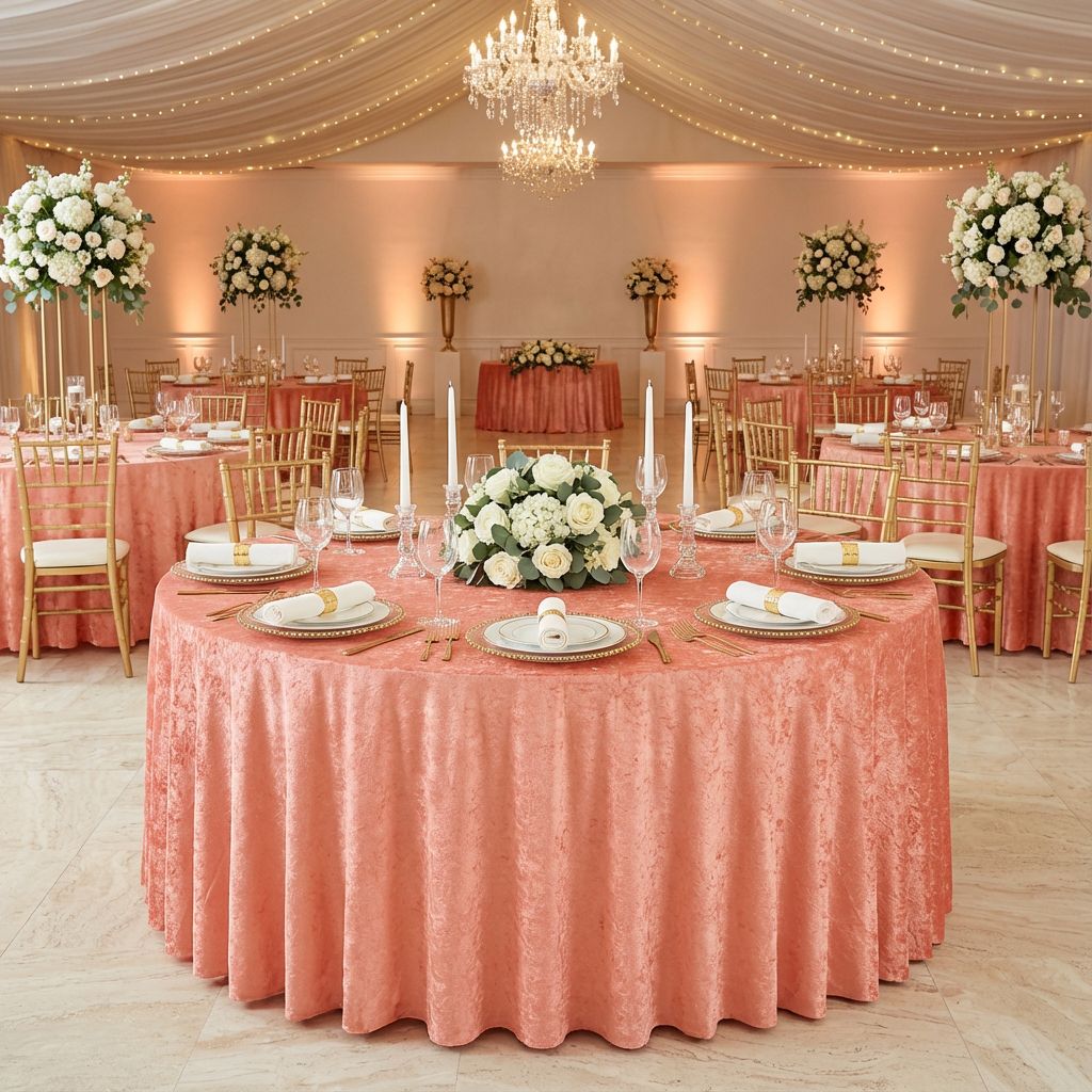 Velvet 132" Round Tablecloth - Coral - CV Linens
