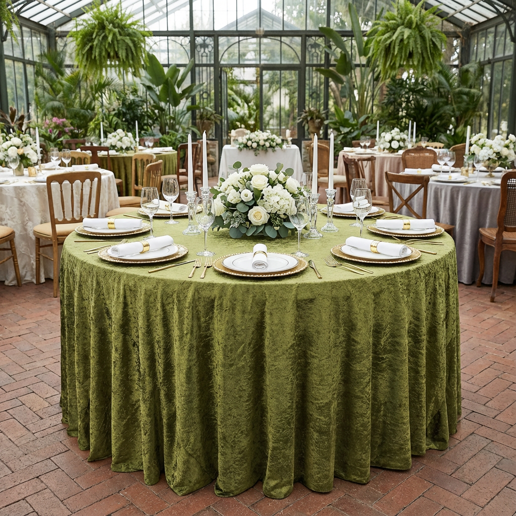 Velvet 132" Round Tablecloth - Olive Green - CV Linens