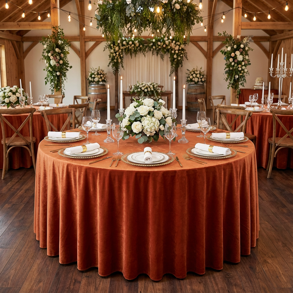Velvet 132" Round Tablecloth - Rust - CV Linens