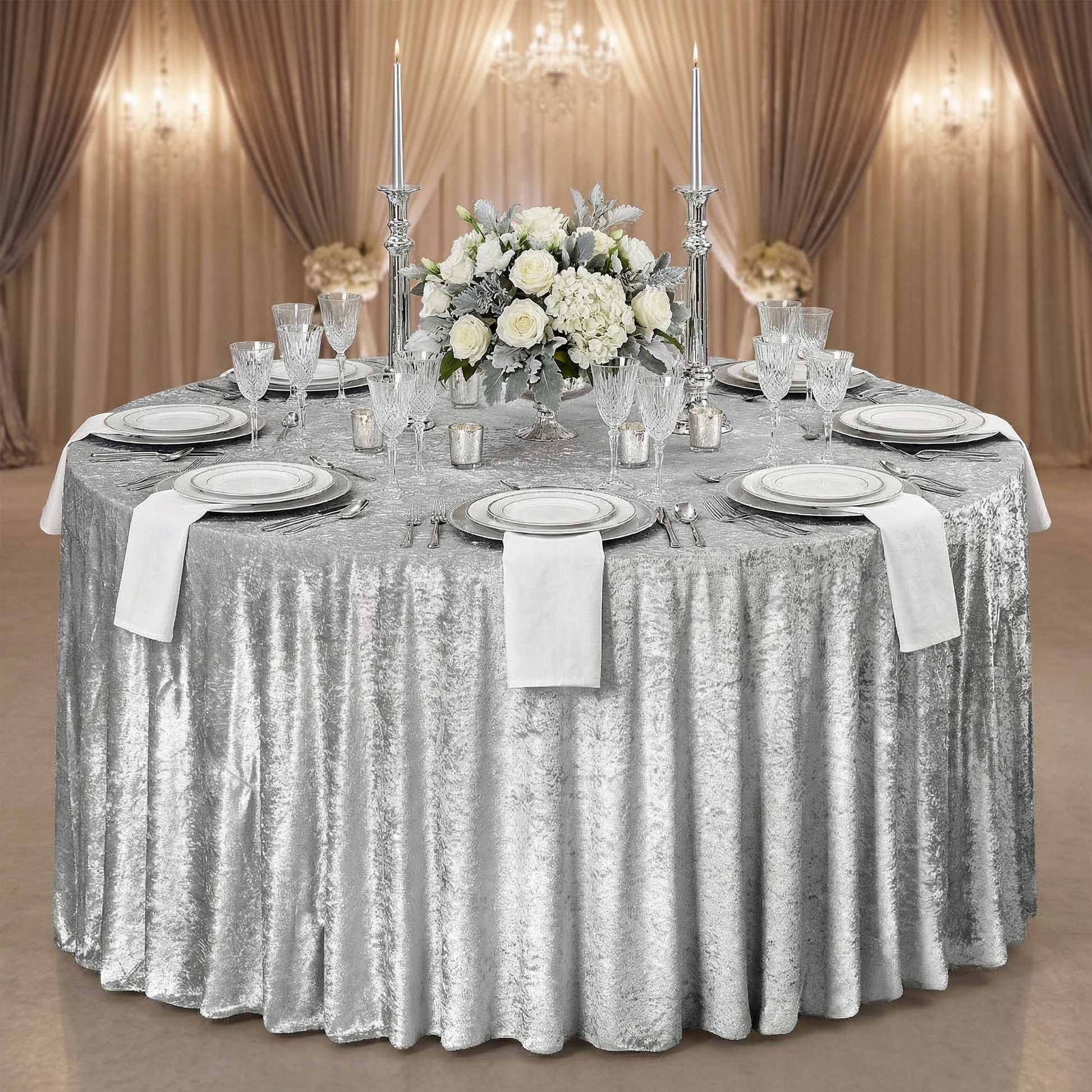 Velvet 132" Round Tablecloth - Silver - CV Linens