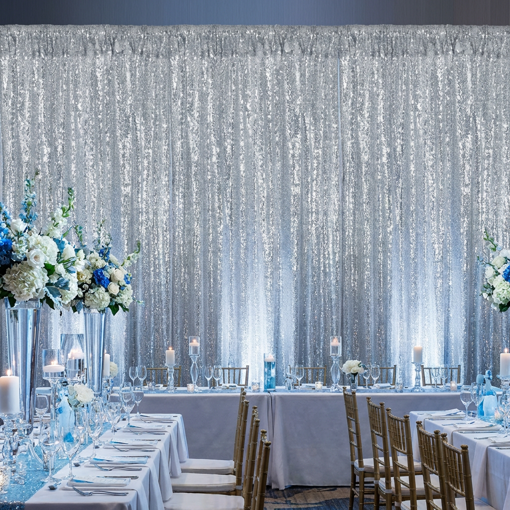 Glitz Sequin Mesh Net 10ft H x 52" W Drape/Backdrop panel - Silver - CV Linens