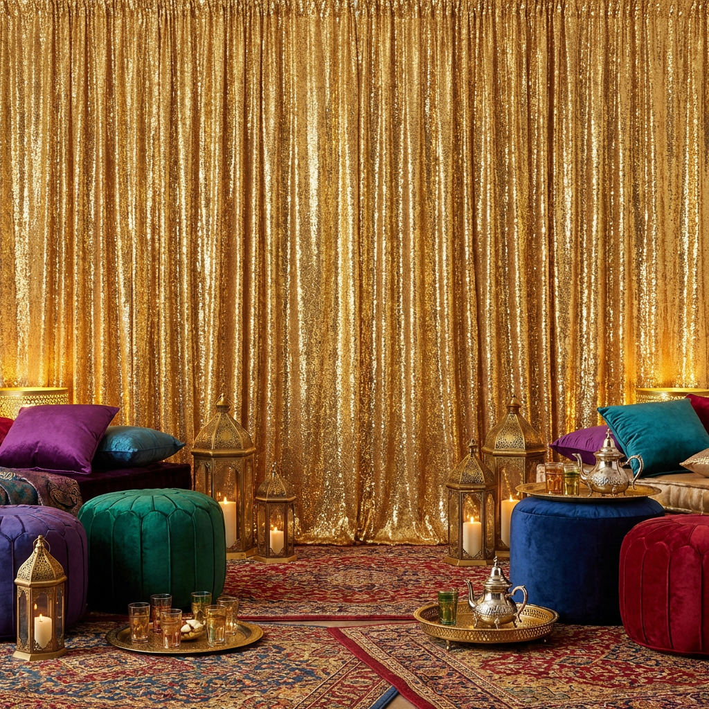 Glitz Sequin Mesh Net 12ft H x 52" W Drape/Backdrop panel - Gold - CV Linens