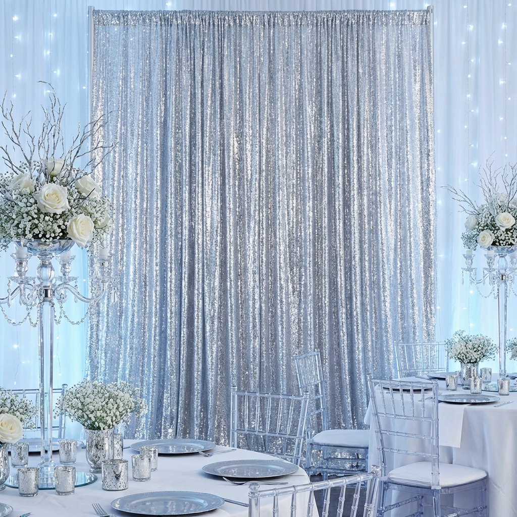 Glitz Sequin Mesh Net 12ft H x 52" W Drape/Backdrop panel - Silver - CV Linens