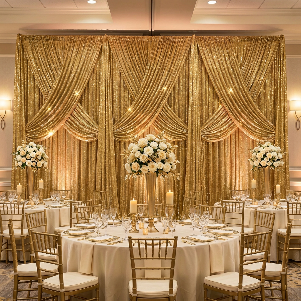 Glitz Sequin Mesh Net 10ft H x 52" W Drape/Backdrop panel - Gold - CV Linens