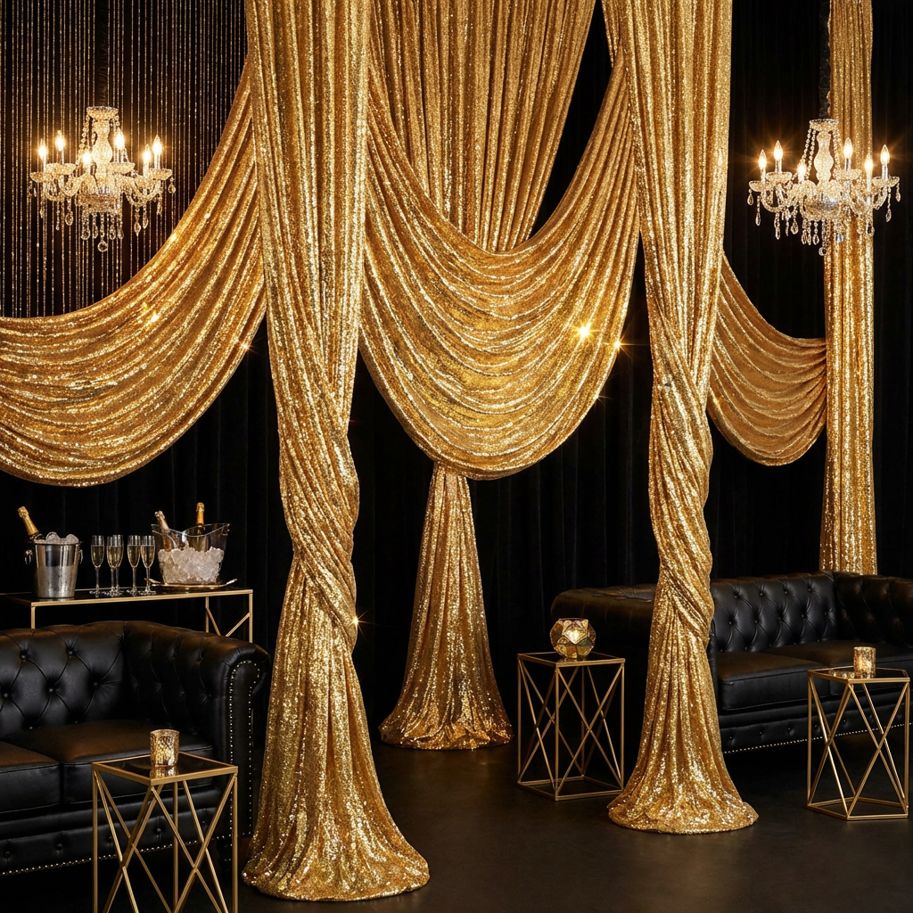 Glitz Sequin Mesh Net 12ft H x 52" W Drape/Backdrop panel - Gold - CV Linens