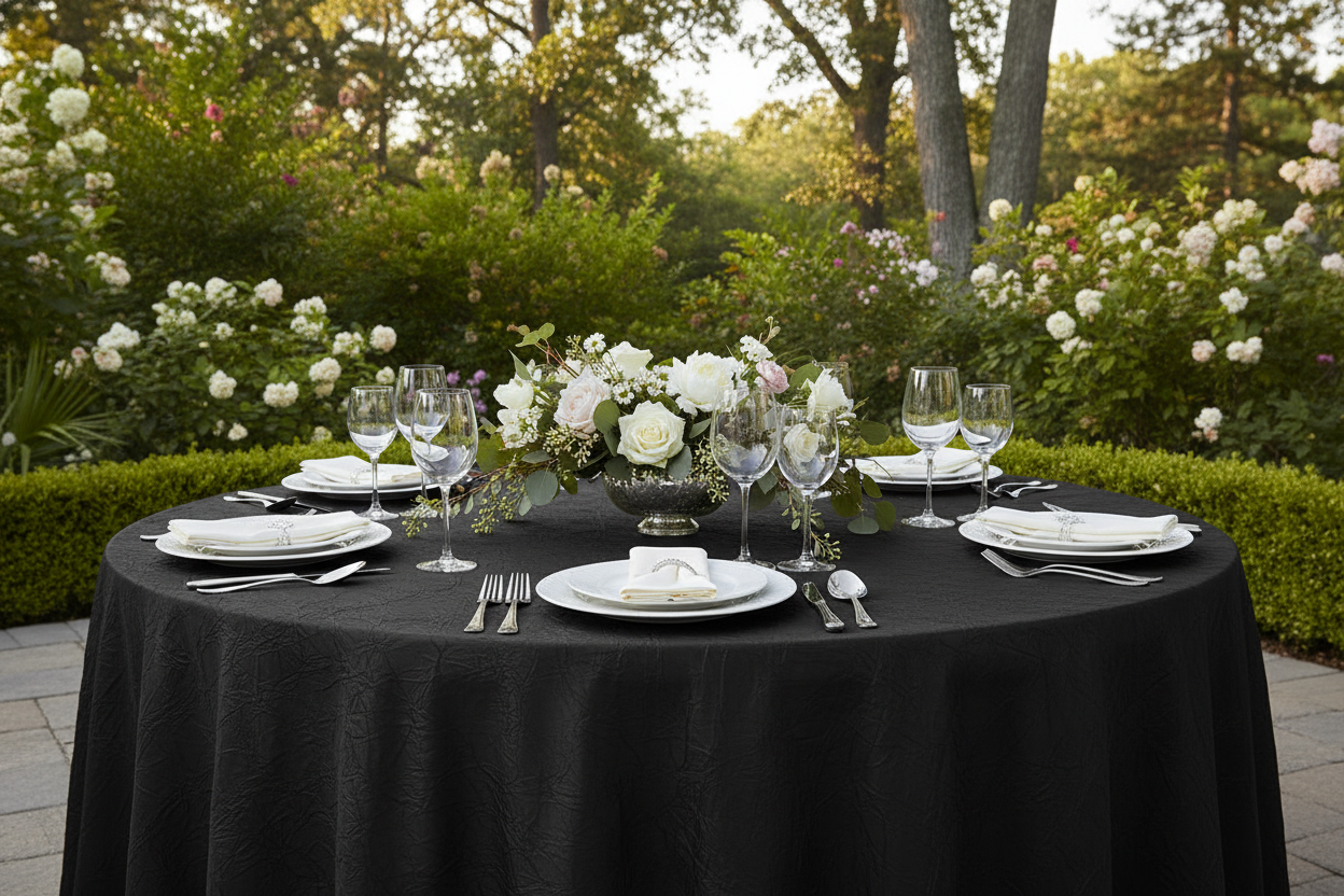 Lifestyle_Front_Black Crushed Taffeta 132" Round Tablecloth
