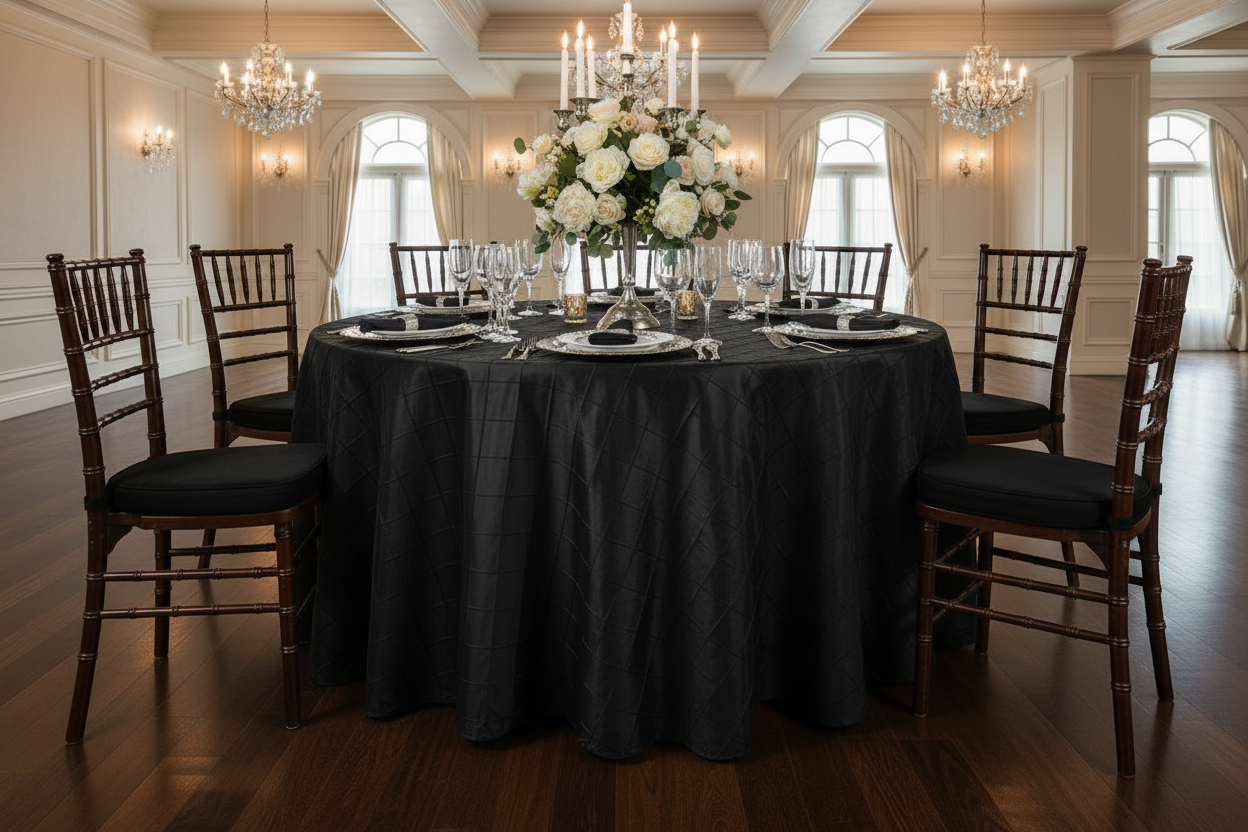 Lifestyle_Front_Black Pintuck Round Tablecloth Size: 132 in 