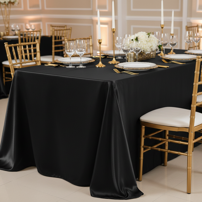 Lifestyle_Front_Black Satin 90" x 132" Rectangular Tablecloth