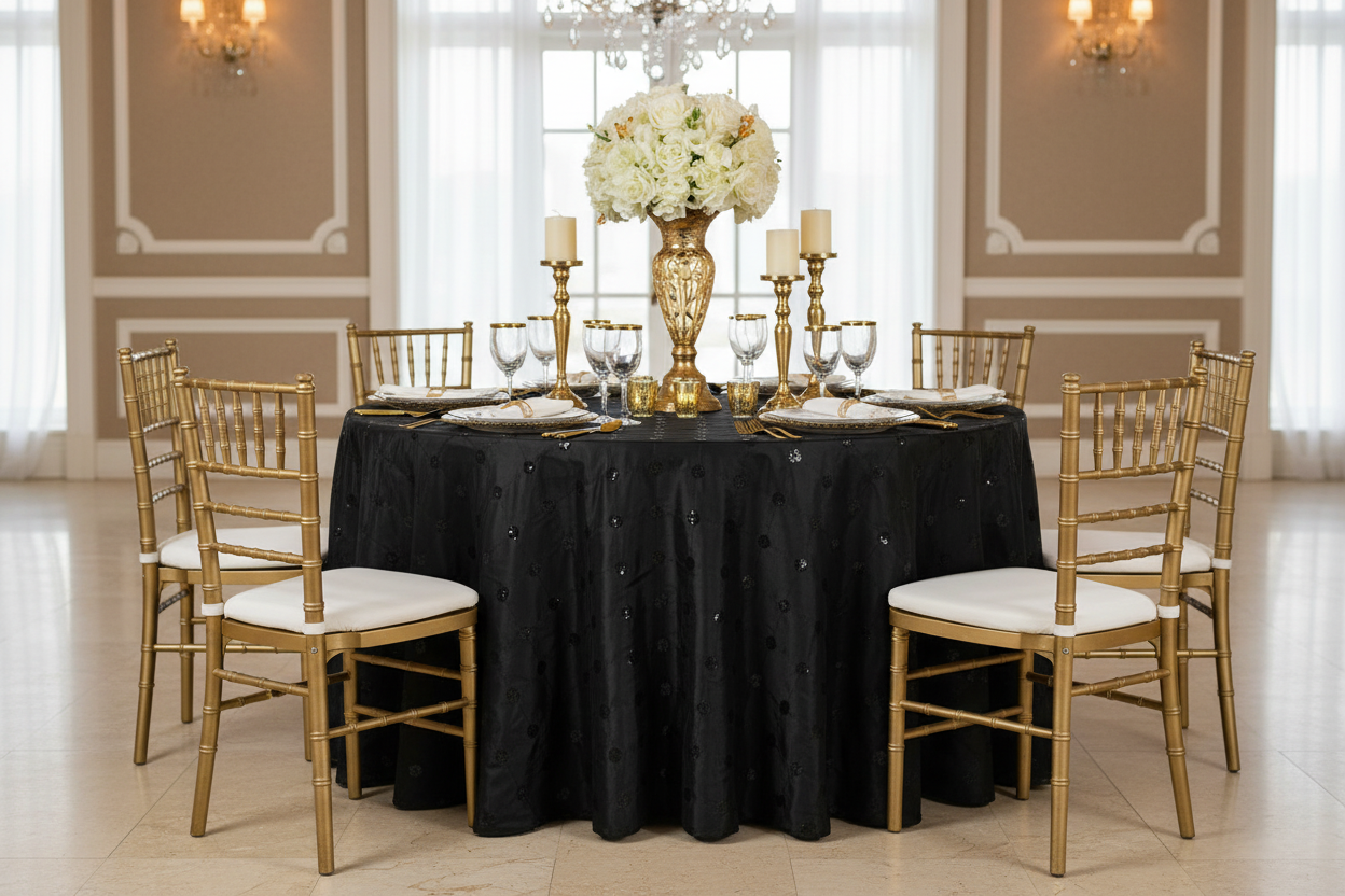 Lifestyle_Front_Black Sequin Embroidery Taffeta Round Tablecloth Size: 132 in