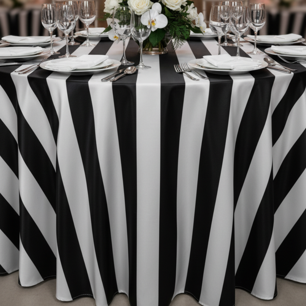 Lifestyle_Front_Black Stripe Satin Round Tablecloth Size: 132 in