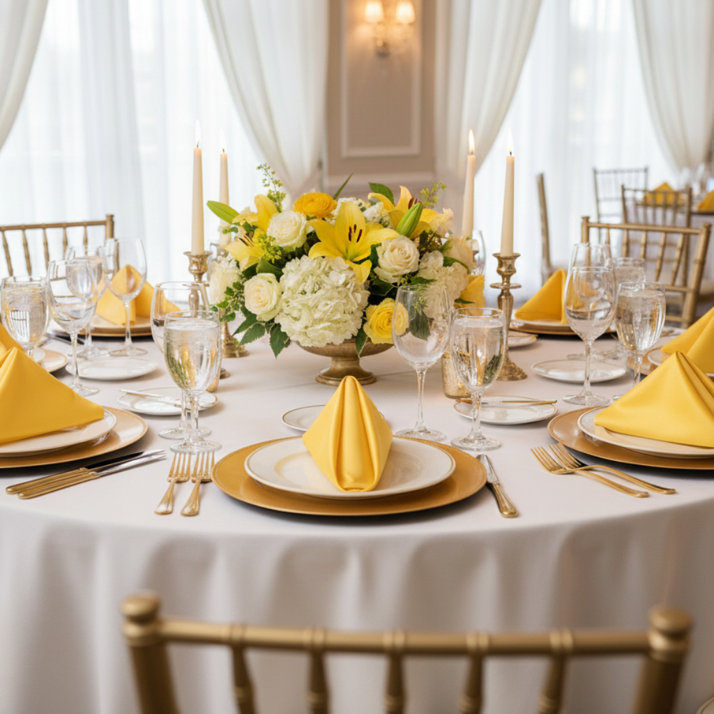 Lifestyle_Front_Canary Yellow Satin Napkin Size: 20 X 20 in