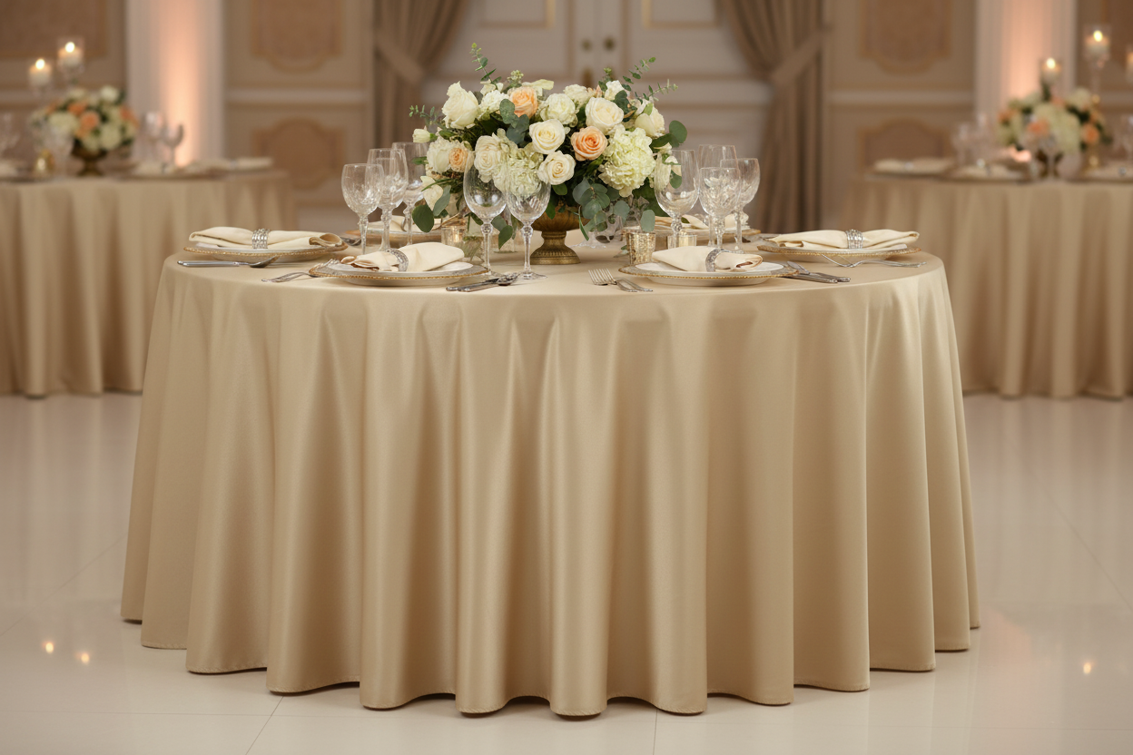 Lifestyle_Front_Champagne Lamour Satin Round Tablecloth Size: 120 in