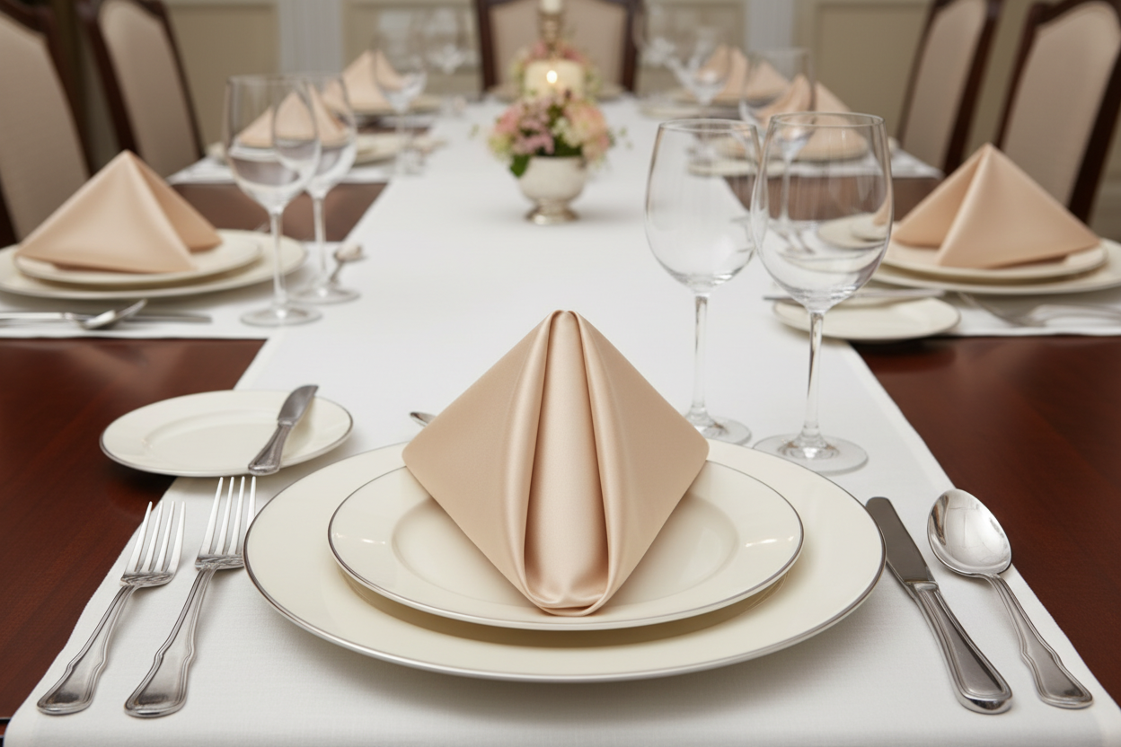 Lifestyle_Front_Champagne Satin Napkin Size: 20 X 20 in
