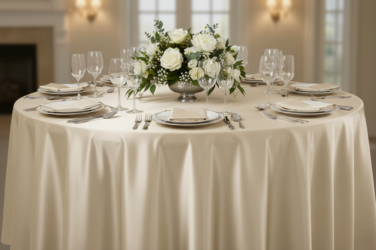 Lifestyle_Front_Champagne Satin Round Tablecloth Size: 132 in