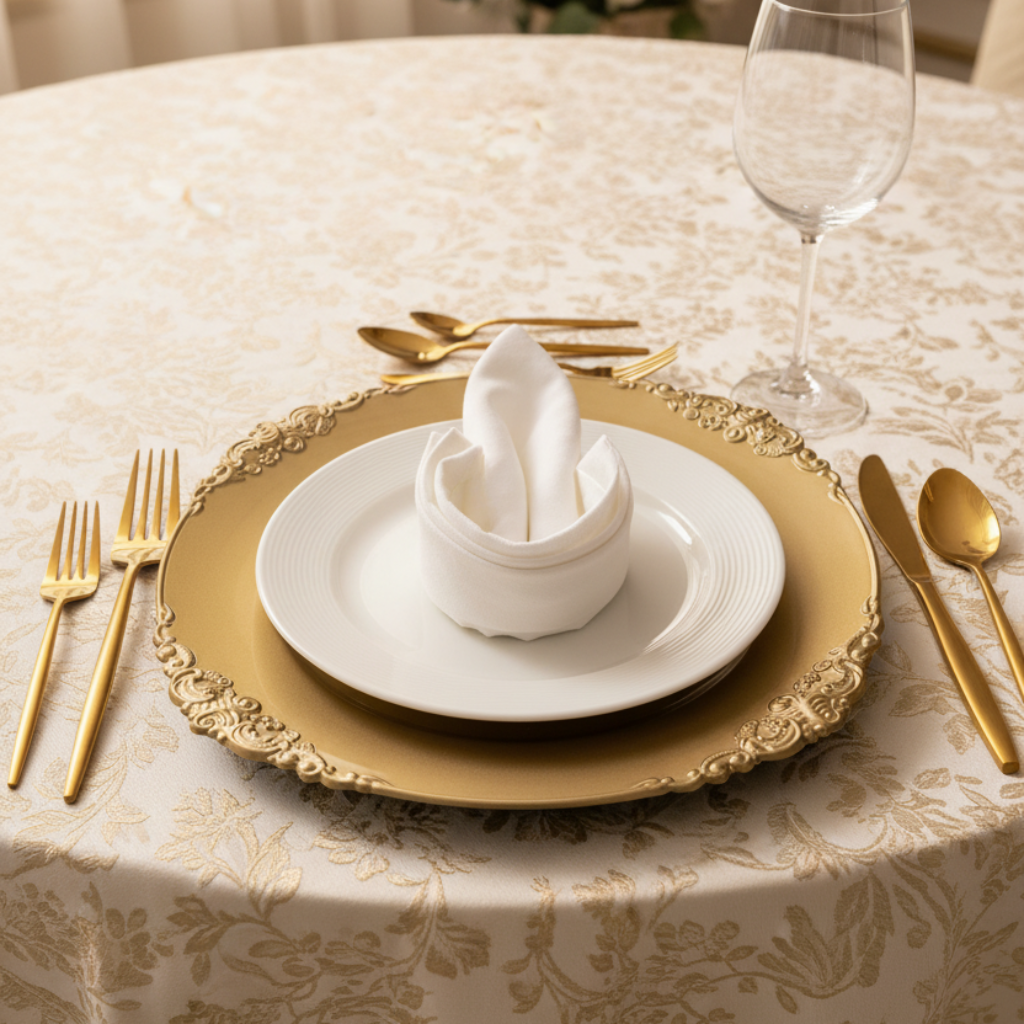 Lifestyle_Front_Champagne Vintage Round Charger Plate Size: 13 in 