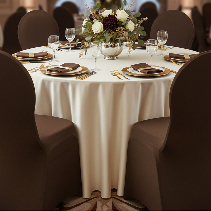 Lifestyle_Front_Chocolate Brown Spandex Banquet Chair Cover